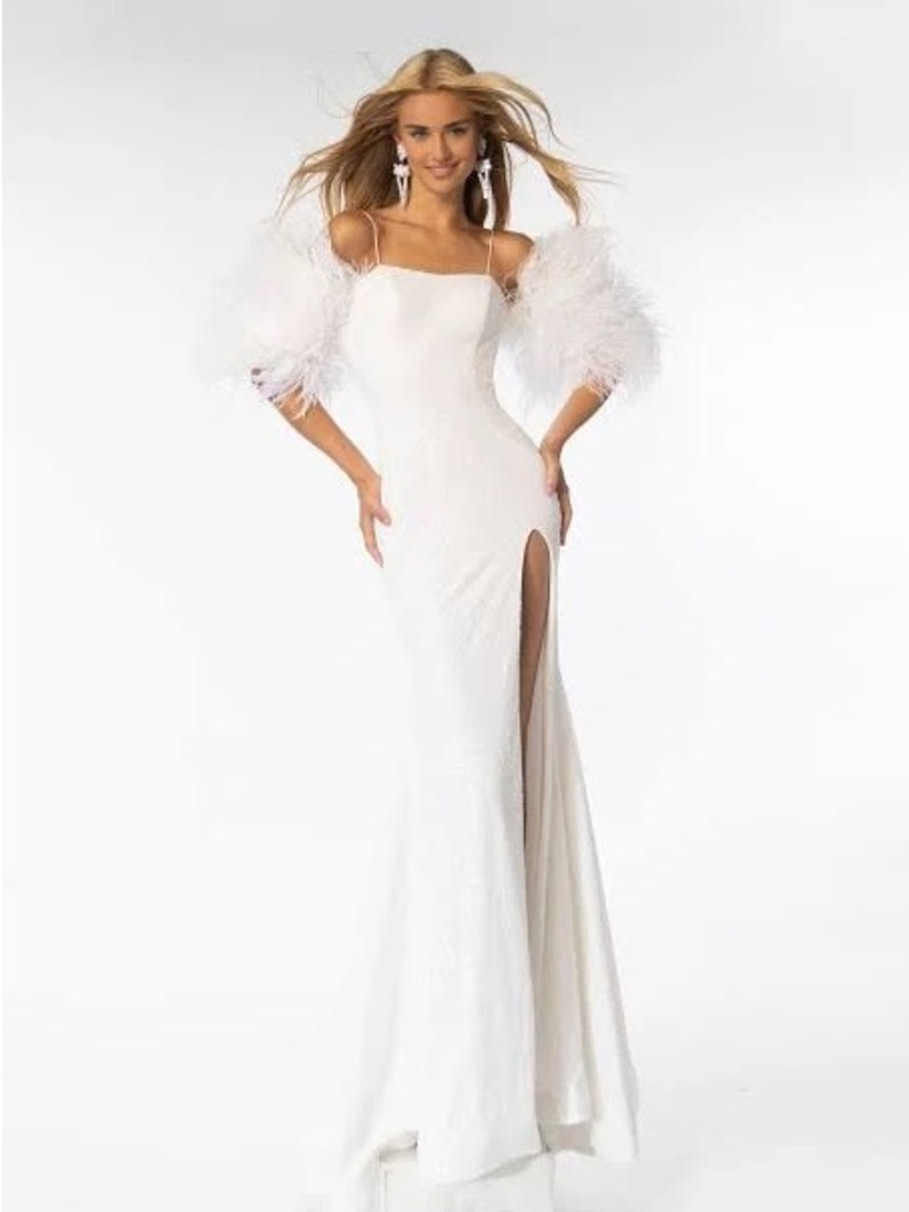Ava Presley Feather-Accent White Spaghetti Strap Prom Gown with Thigh Slit